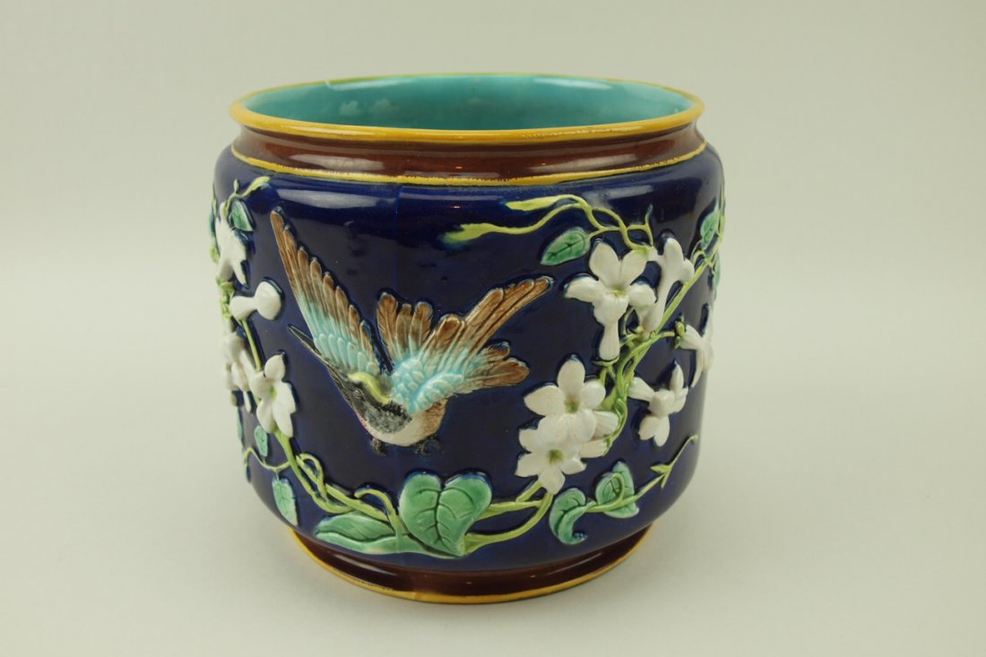 George Jones majolica cobalt hummingbird cachepot: George Jones majolica cobalt hummingbird cachepot, 7"h, old repairs