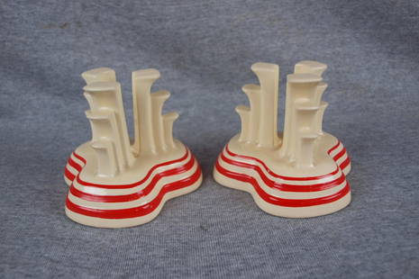 RARE Fiesta red stripe pair of ivory tripod candle: RARE Fiesta red stripe pair of ivory tripod candle holders, only pair known to exist, Turner Collection