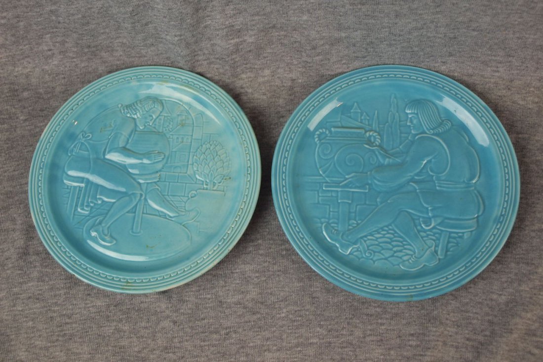 Fiesta turquoise pair of World's Fair potter plates,: Fiesta turquoise pair of World's Fair potter plates, Turner Collection
