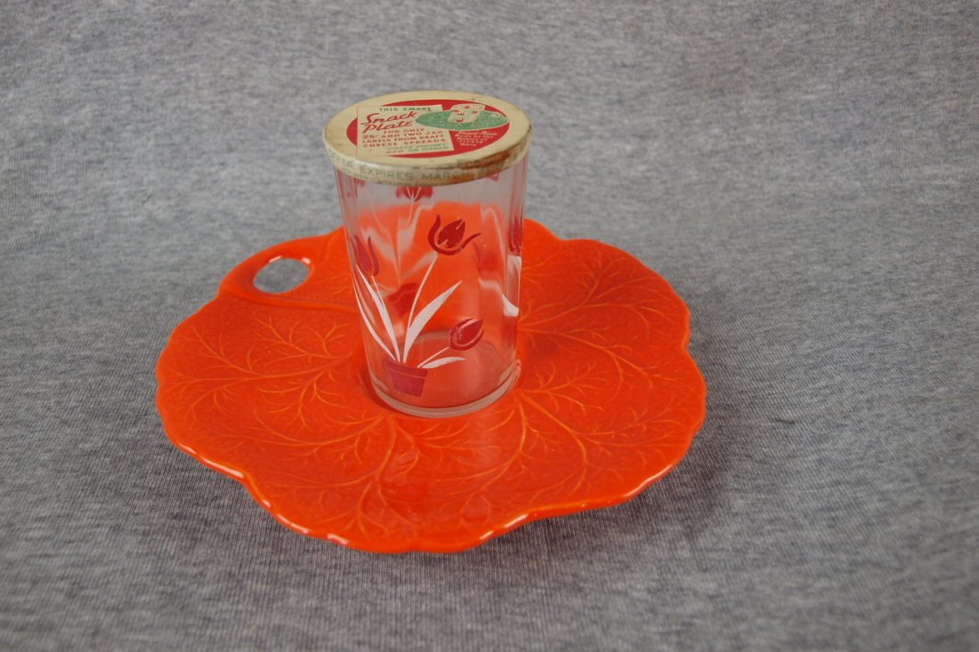 Fiesta Kraft red leaf shape saucer with Swanky Swig: Fiesta Kraft red leaf shape saucer with Swanky Swig glass and original metal lid, Turner Collection, featured in Huxford's