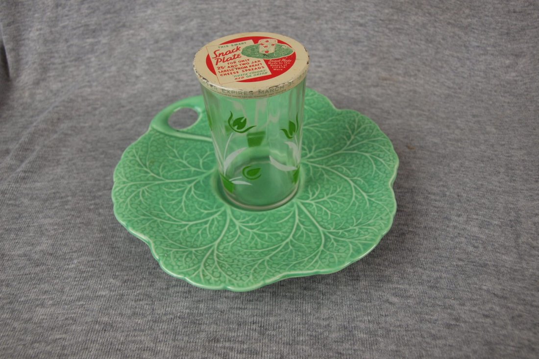Fiesta Kraft green leaf shape saucer with Swanky Swig: Fiesta Kraft green leaf shape saucer with Swanky Swig glass and original metal lid, Turner Collection, featured in Huxford's