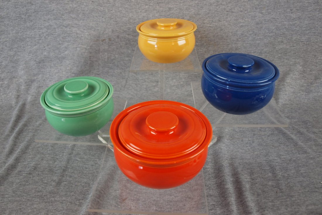 Fiesta Kitchen Kraft individual casserole group, red: Fiesta Kitchen Kraft individual casserole group, red (very minor nick), cobalt, green (chip to handle), yellow