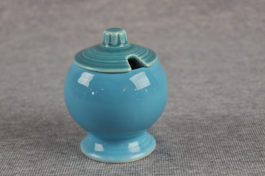 Fiesta mustard, turquoise, nicks to lid: Fiesta mustard, turquoise, nicks to lid