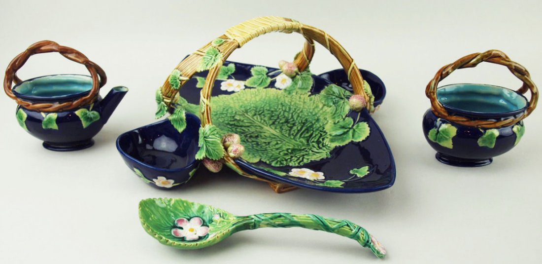 A rare Cobalt George Jones Majolica Strawberry Server: A rare Cobalt George Jones Majolica Strawberry Server and Spoon c.1877, shape 3546, of lozenge form with a small oval well at each end fitted with a sugar bowl or cream jug, all molded with fruiting s