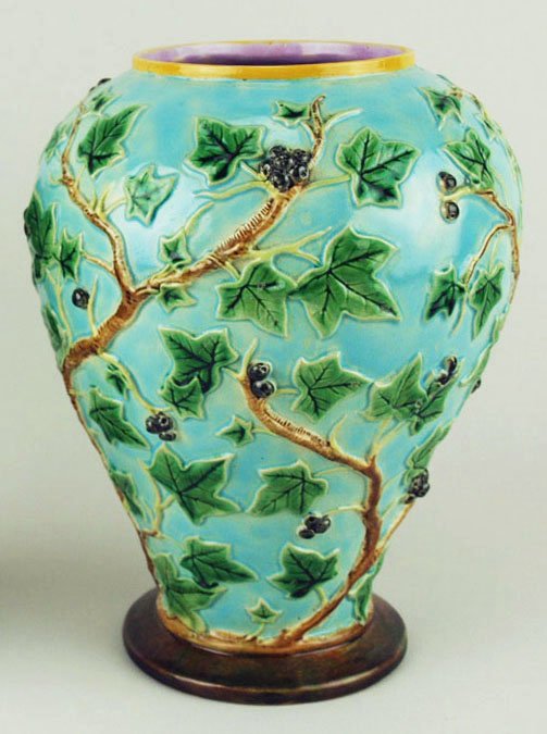A very rare George Jones Majolica ivy vase c.1875, the: A very rare George Jones Majolica ivy vase c.1875, the bulbous shape with a turquoise ground covered in ivy leaves all on a brown circular base with a pink interior, 9”h 'CURATED & CATALOGUED BY NIC
