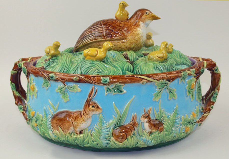 An important and charming George Jones majolica ‘Full: An important and charming George Jones majolica ‘Full Nest’ game pie dish cover, c. 1875, of oval form with double branch handles, the branches of the upper terminals extending around the rim, ent