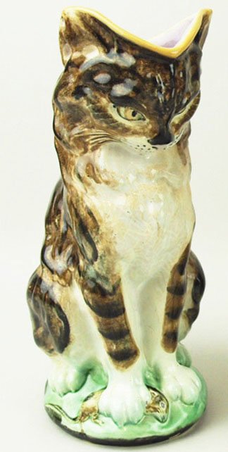 A very rare Gustavsburg Majolica Cat pitcher c.1890,: A very rare Gustavsburg Majolica Cat pitcher c.1890, modeled directly after a Minton original as a mischievous tabby cat, its tail forming the handle with a mouse under his paw. Gustavsburg from Swede