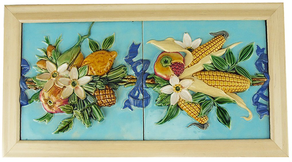 A pair of Minton Majolica framed fruit tiles c.1875,: A pair of Minton Majolica framed fruit tiles c.1875, each turquoise ground tile depicting bundles of fruit and flowers bound together with French blue ribbons, all framed in a contemporary wooden fram