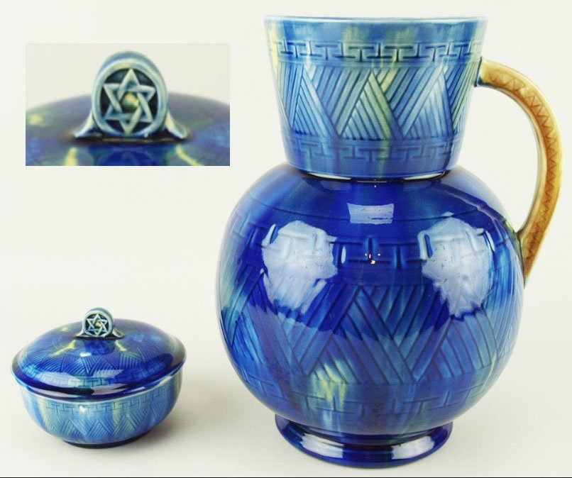 An important "Star of David" American Etruscan Majolica: A very rare and important "Star of David" American Etruscan Majolica water pitcher and soap dish with insert, 1875, provenance Ana Stern Collection. Only two known. Pitcher 11 ½”h, soap dish 4 ¾��