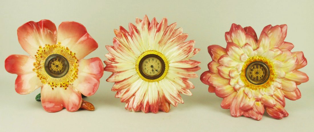 Three Delphin Massier Floral clocks c.1880, 7”, 9” and: Three Delphin Massier Floral clocks c.1880, 7”, 9” and 5 ½” 'CURATED & CATALOGUED BY NICOLAUS BOSTON'