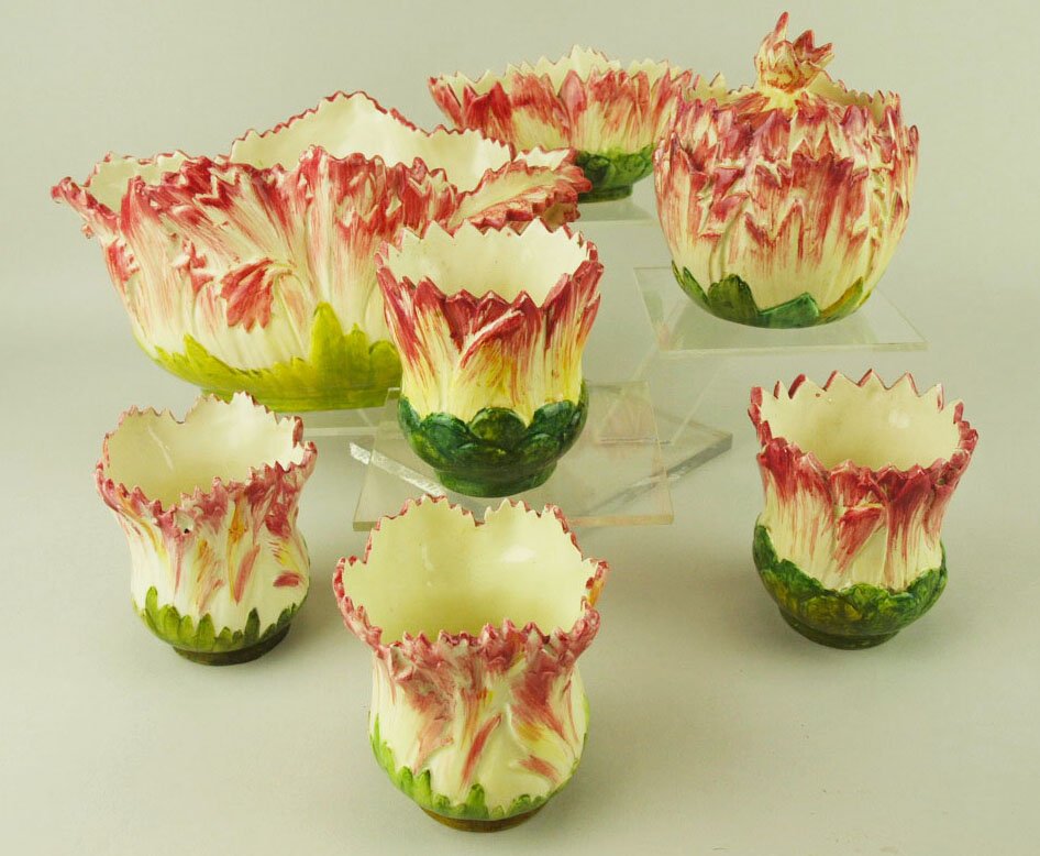 7 pieces of Delphin Massier posy vases and a lidded: 7 pieces of Delphin Massier posy vases and a lidded box 'CURATED & CATALOGUED BY NICOLAUS BOSTON'