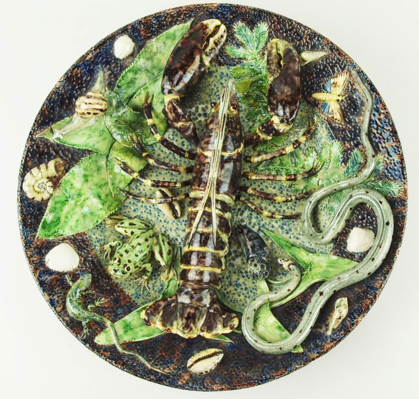 A Rare and Excellent Quality School of Paris Palissy: A Rare and Excellent Quality School of Paris Palissy Ware Circular Charger C.1865, Attributed Victor Barbizet. The dish decorated with a large beautifully coloured lobster lying in a pool of water sur