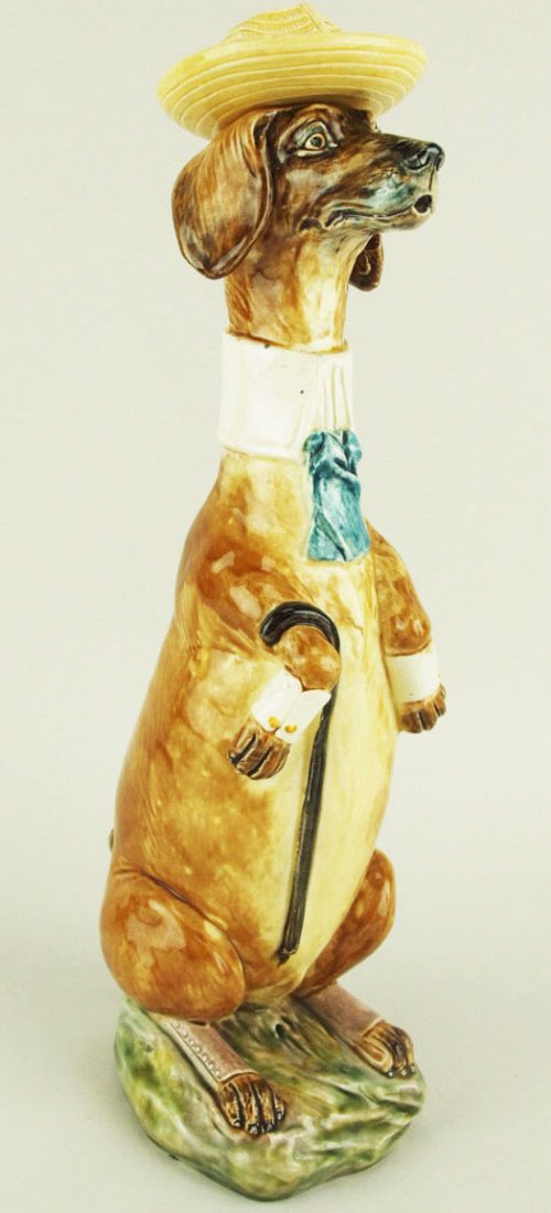 Very Rare B&L Gesetzl Gesch Majolica Strolling: Very Rare B&L Gesetzl Gesch Majolica Strolling Dachshund Decanter c.1890 Modeled as a Gentleman Dachshund ready for a stroll on a summer day wearing gaiters, smart white cuffs, a white collar with blu