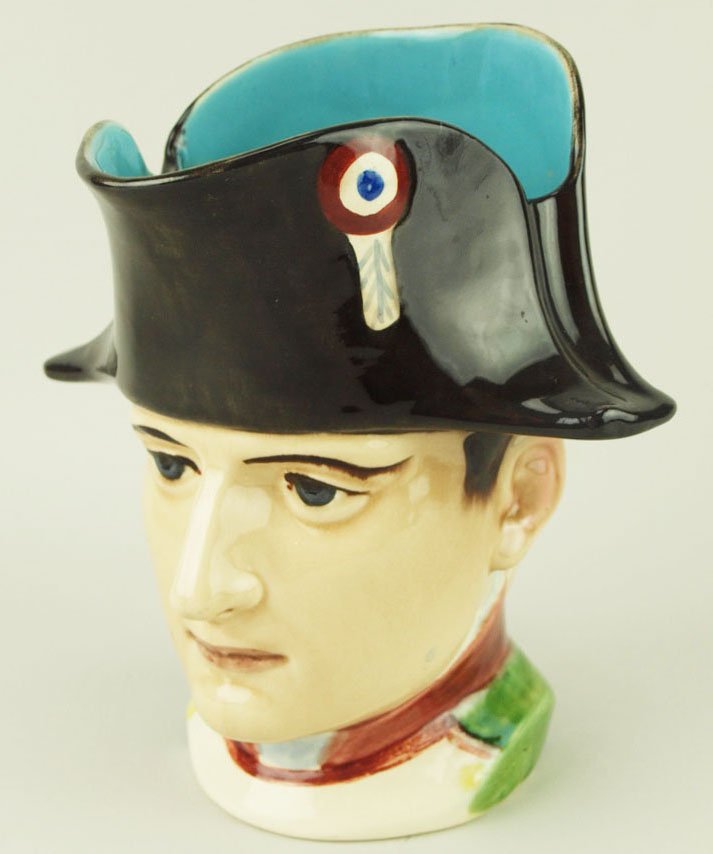 A Rare Sarreguemines Majolica Water pitcher “Napoleon”: A Rare Sarreguemines Majolica Water pitcher “Napoleon” Shape# 4610, Modeled as Napoleon Bonaparte.Provenance: Helen Cunningham 'CURATED & CATALOGUED BY NICOLAUS BOSTON'