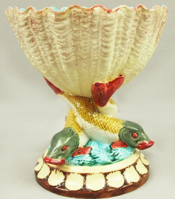A Very Rare Royal Worcester shell shaped bowl c.1875: A Very Rare Royal Worcester shell shaped bowl c.1875 Designed as a bowl of sea shell with a turquoise interior supported by two entwined fish with orange tails, fins and lips, upon a pedestal base top