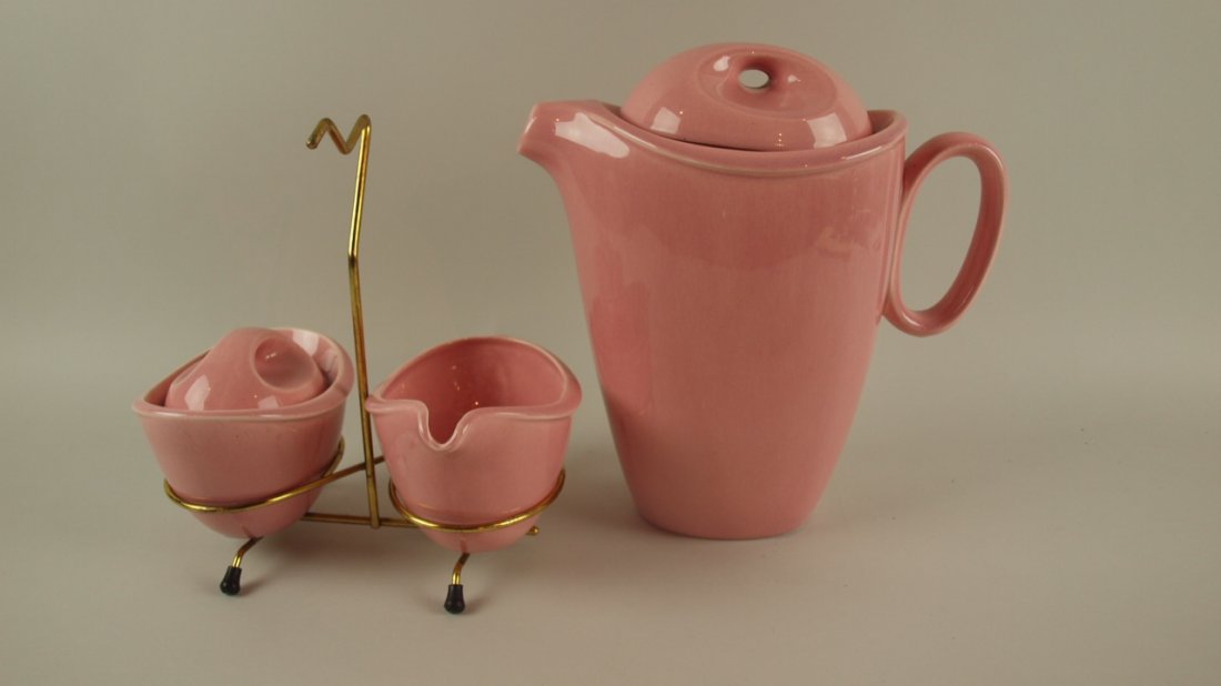 Epicure pink coffee pot (chip to interior flange of: Epicure pink coffee pot (chip to interior flange of lid) and cream sugar with brass holder