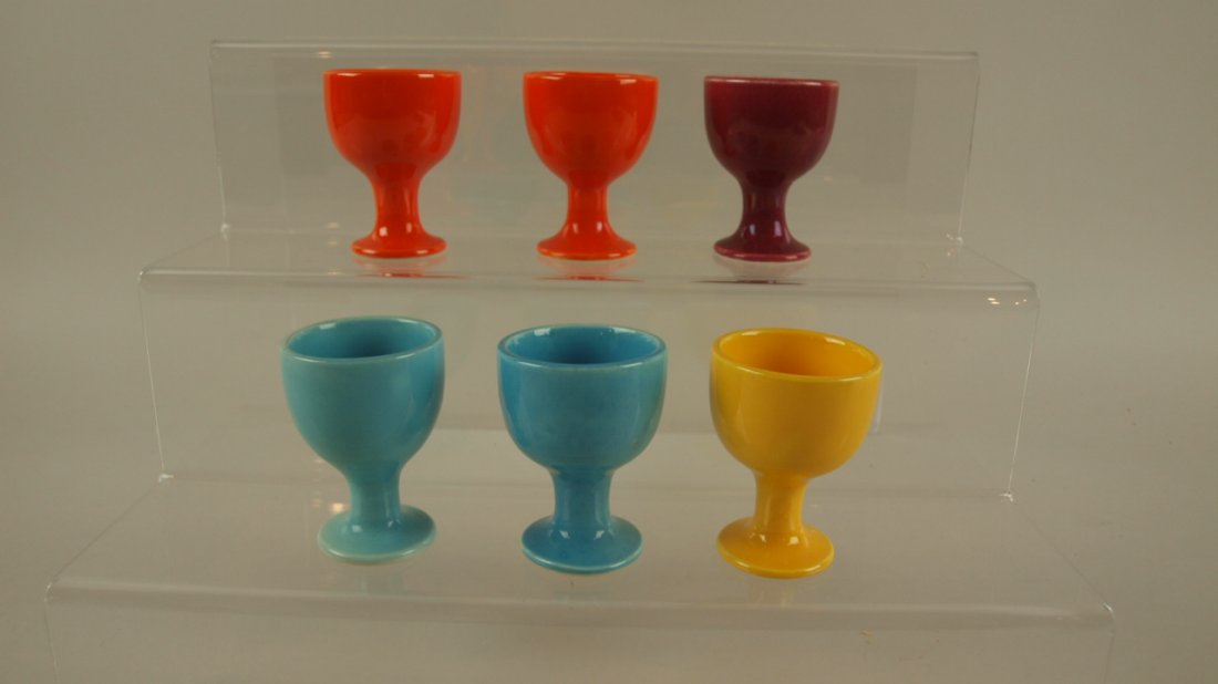 Harlequin single egg cup group - 2 red, maroon, 2: Harlequin single egg cup group - 2 red, maroon, 2 turquoise, 1 yellow