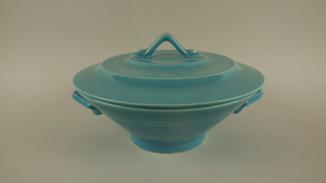 Harlequin casserole, turquoise, nicks to base rim: Harlequin casserole, turquoise, nicks to base rim