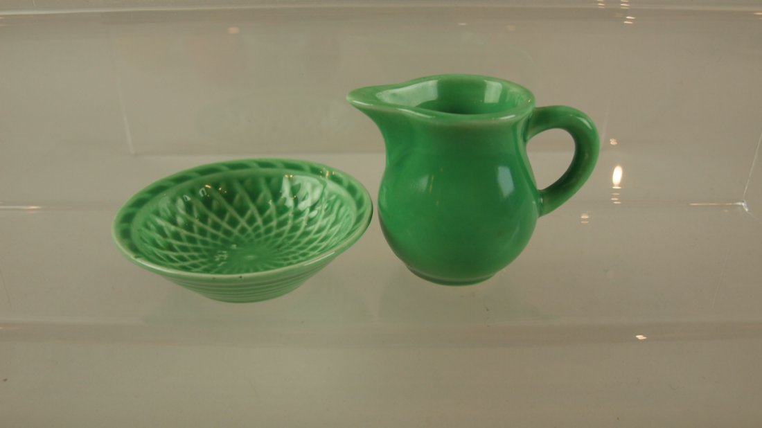 Harlequin light green nut dish and individual creamer: Harlequin light green nut dish and individual creamer