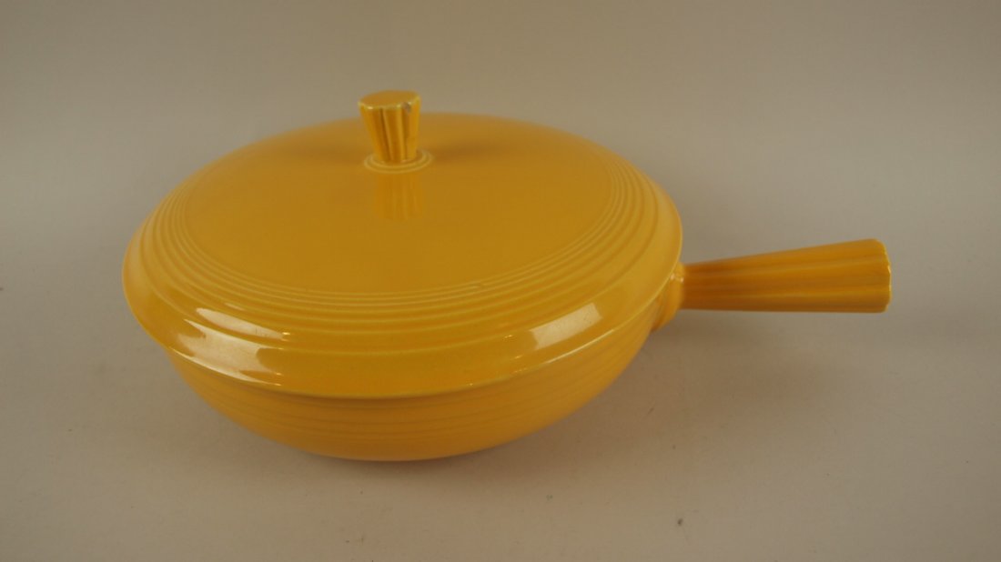 Fiesta French casserole, yellow, nick to finial & base: Fiesta French casserole, yellow, nick to finial & base rim