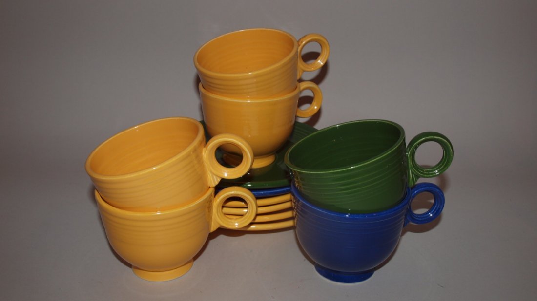 Fiesta cup & saucer group - 6 mixed colors, including 2: Fiesta cup & saucer group - 6 mixed colors, including 2 flat bottom yellow cups