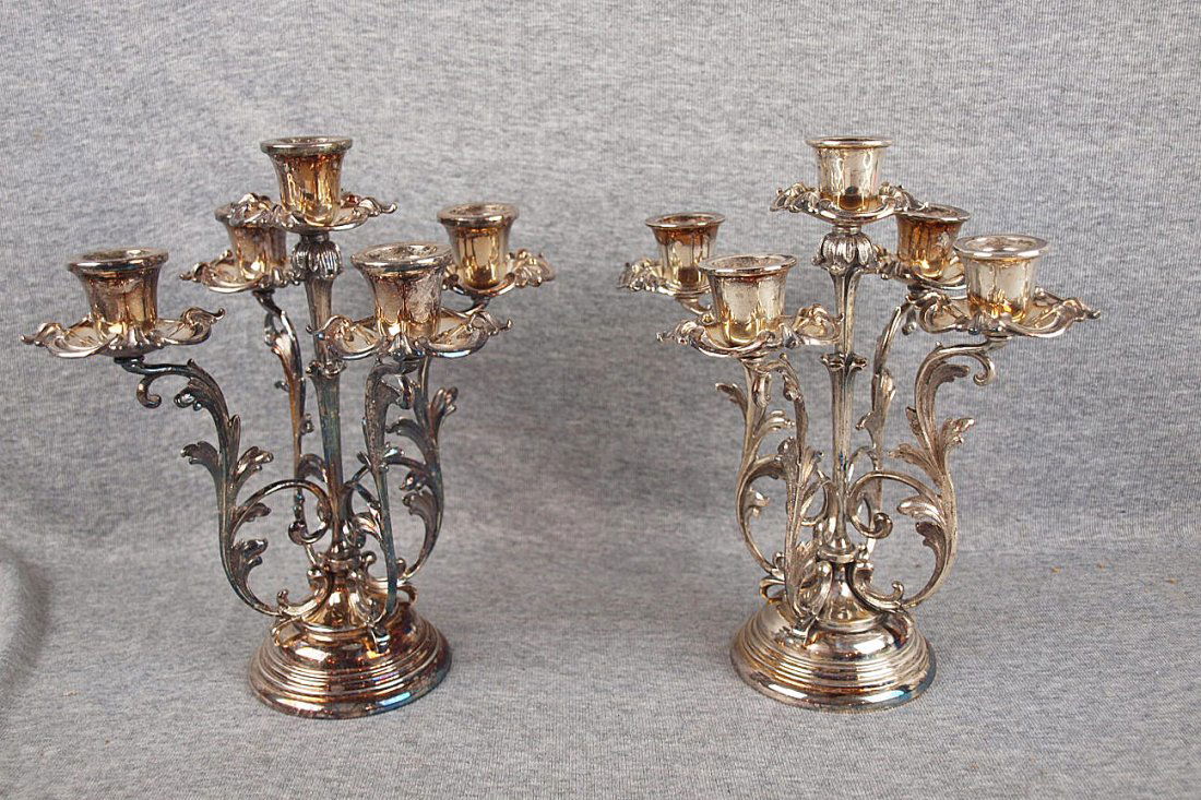Italian Braganti pair of sterling and silver plate 5: Italian Braganti pair of sterling and silver plate 5 lite candelabras, 9 1/2"