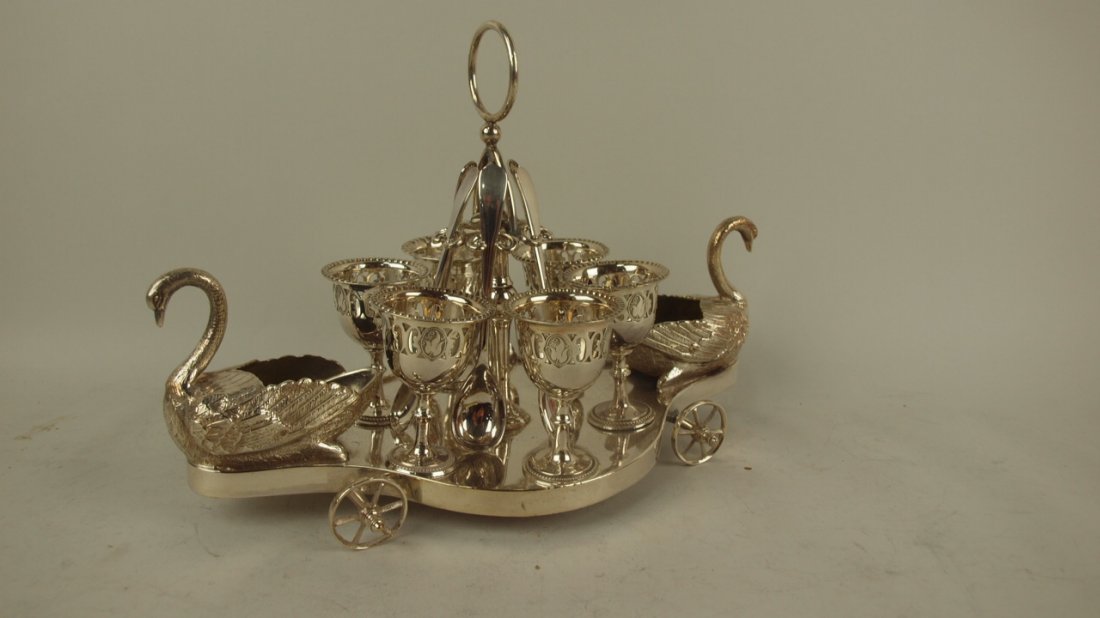 Silver plate double swan egg cup carrier with 6 egg: Silver plate double swan egg cup carrier with 6 egg cups & spoons, 12" l, 8" h