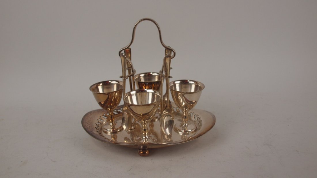 Silver plate egg cup holder with 6 egg cups & spoons, W: Silver plate egg cup holder with 6 egg cups & spoons, W S & S