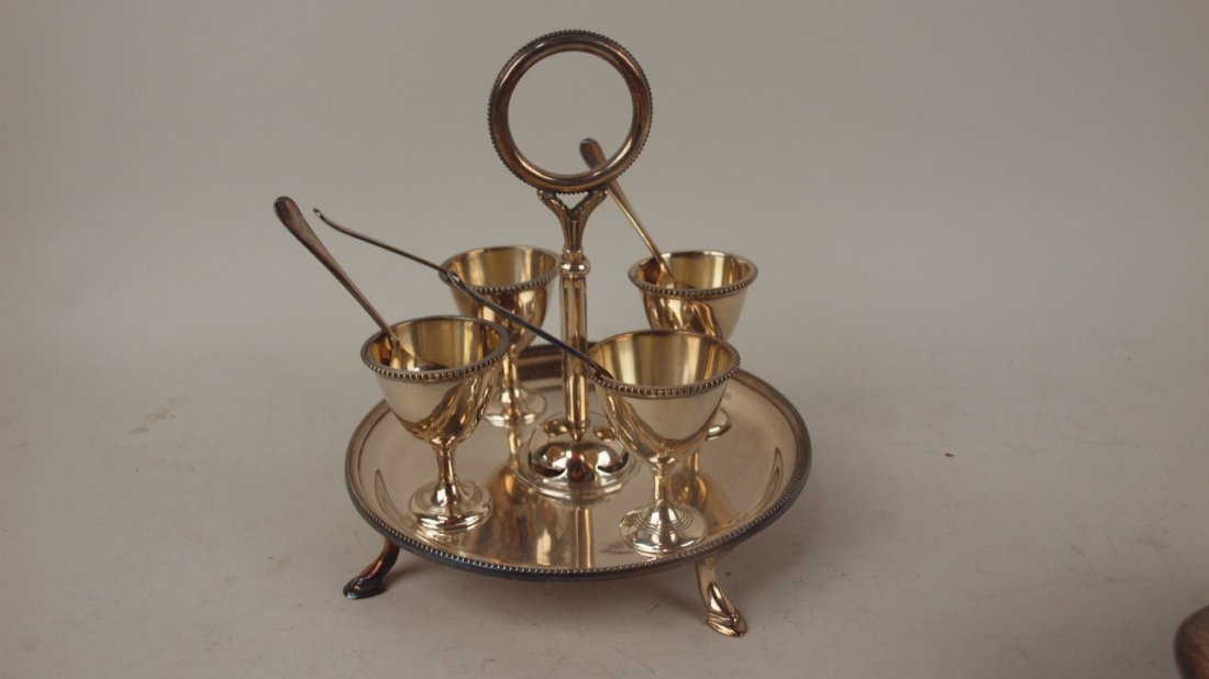 Silver plate egg cup holder with 6 egg cups & spoons, W: Silver plate egg cup holder with 6 egg cups & spoons, W S & S