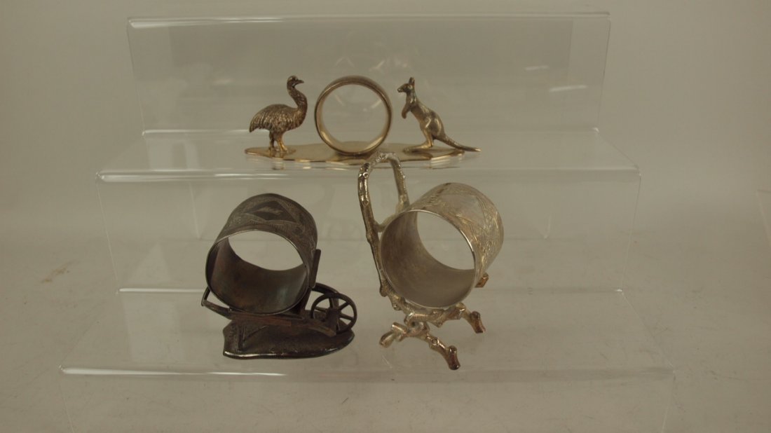 Lot of 3 figural napkin rings - ostrich & kangaroo: Lot of 3 figural napkin rings - ostrich & kangaroo wheel barrow, chair