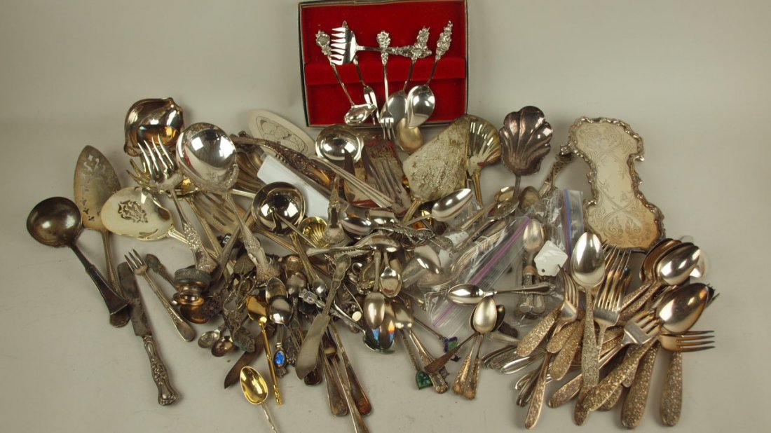 Huge lot of silver flatware serving utensils, spoons,: Huge lot of silver flatware serving utensils, spoons, demitasse spoons & assorted items, some sterling silver