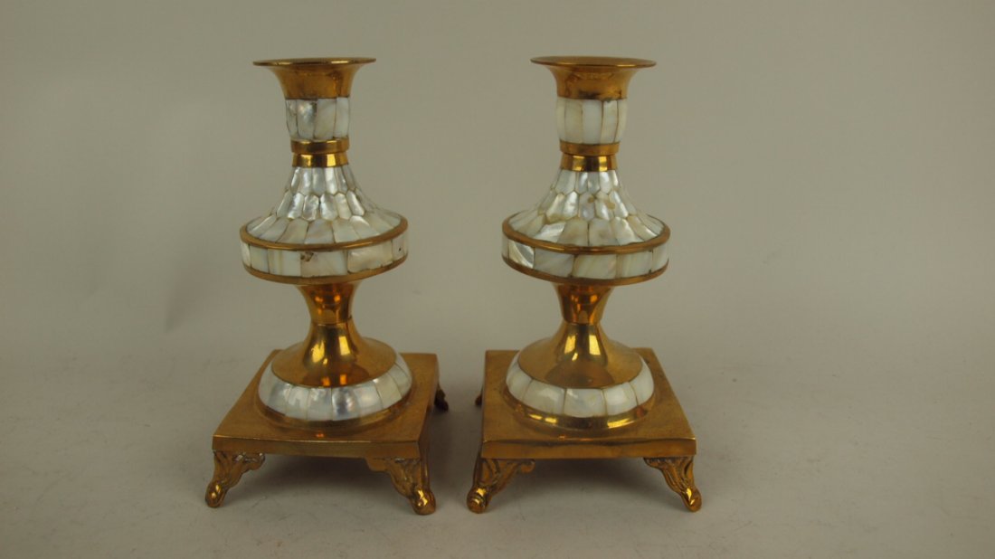 Pair of brass and abalone candle sticks in fitted felt: Pair of brass and abalone candle sticks in fitted felt box, 7"