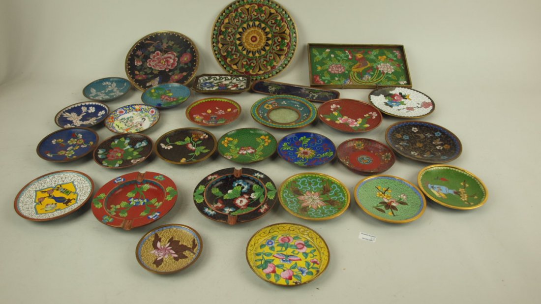 Cloisonne lot of 28 plates, coasters, & trays: Cloisonne lot of 28 plates, coasters, & trays