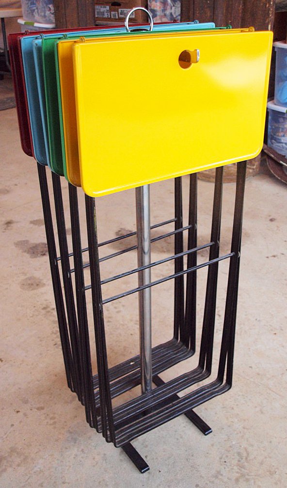 Mid century modern set of metal folding TV tables and: Mid century modern set of metal folding TV tables and stand, "Tag-A-Long"