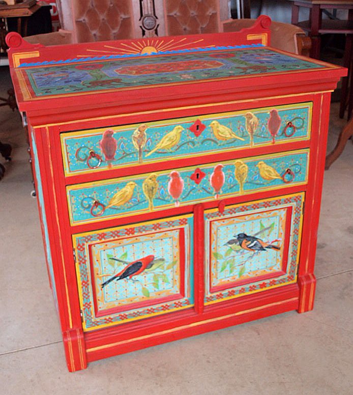 Commode with painted birds, monkeys, & centaur: Commode with painted birds, monkeys, & centaur attributed to Michael Zahratka