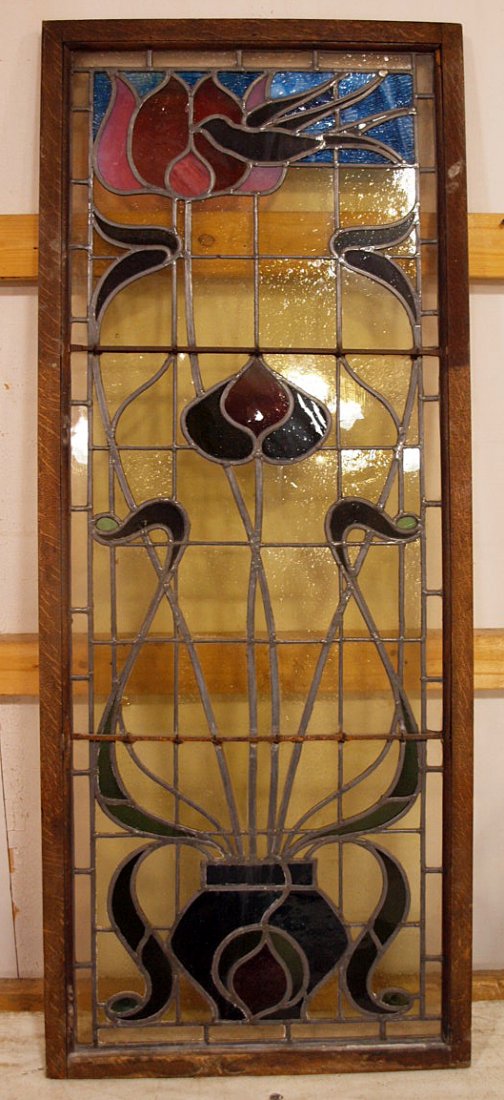 Art Nouveau stained & leaded glass window with oak: Art Nouveau stained & leaded glass window with oak frame, 22 1/2" x 56"