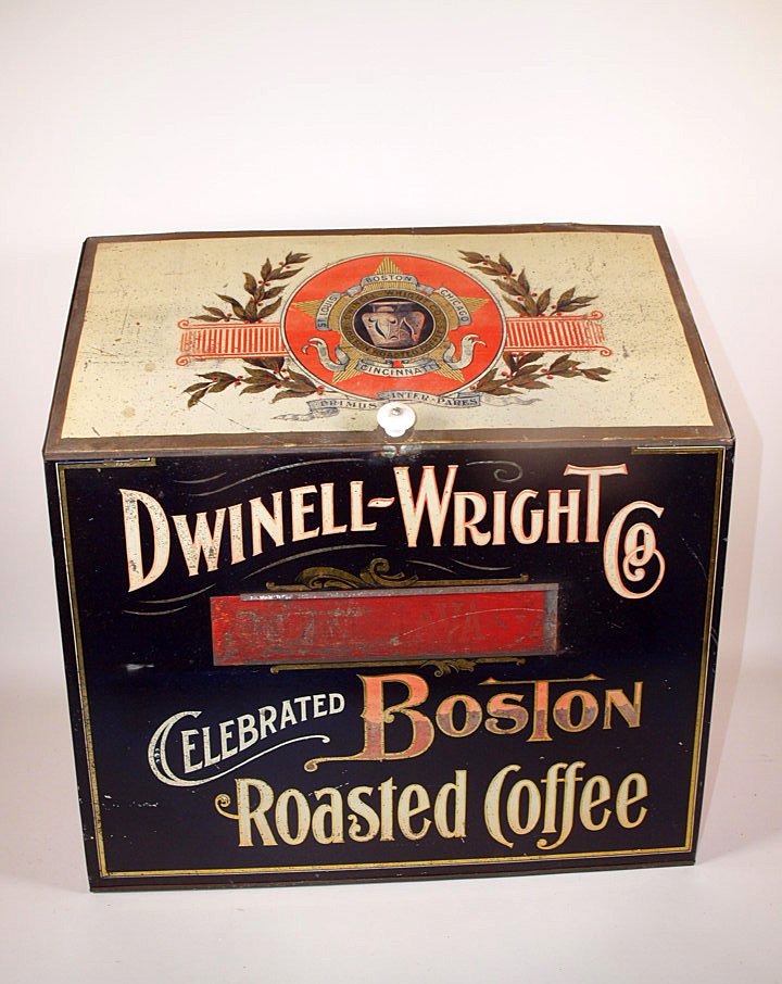 Tin old general store coffee display "Dwinell- Wright: Tin old general store coffee display "Dwinell- Wright Co. Celebrated Boston Roasted Coffee", some losses, 19 1/2"h, 19"w, 13"d