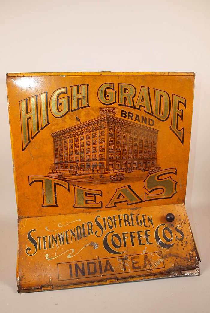 Tin old general store tea display "Steinwender: Tin old general store tea display "Steinwender Stoffegen Coffee Co's, India Tea, Hige Grade Brand Teas", some losses, 18 1/2"h, 17"w, 13"d