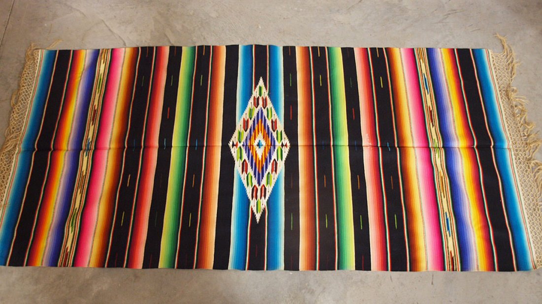 Saltillo with Ojo de Dios table runner: Saltillo with Ojo de Dios table runner with fine fringe 5'11" x 2'10"