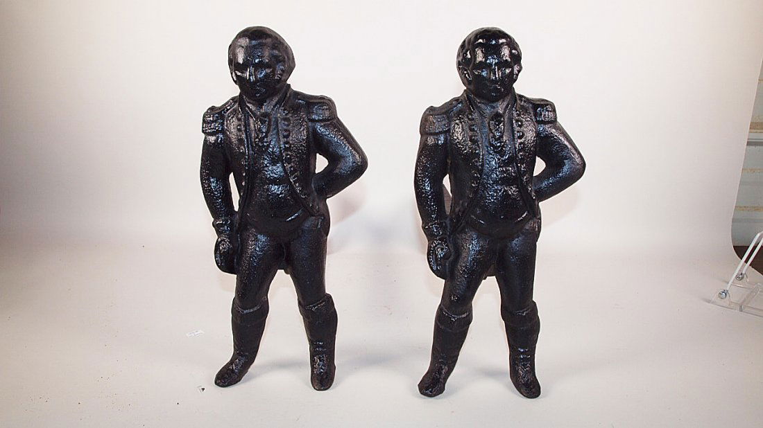 Pair of cast iron George Washington andirons, with: Pair of cast iron George Washington andirons, with foundry mark "Virginia Metalcrafters, Waynesboro, VA"
