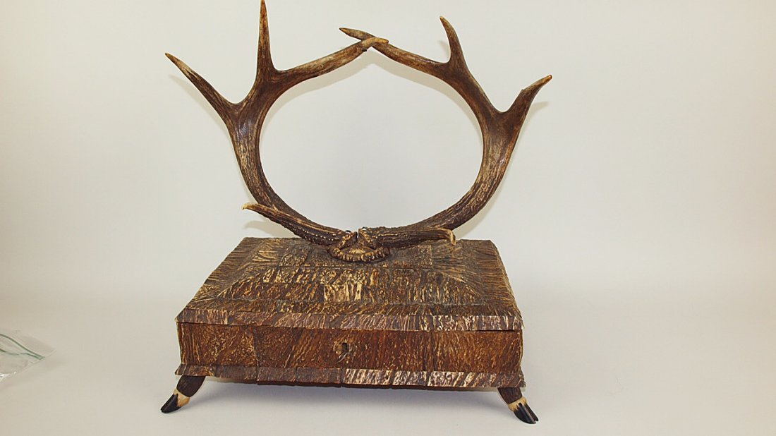 Early bone covered gentleman's dresser box with deer: Early bone covered gentleman's dresser box with deer antlers and hoof feet, 16"w 17 1/2'h, some losses