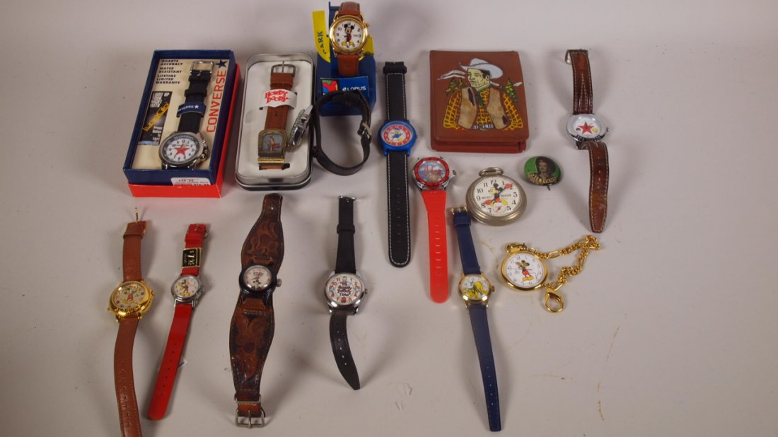 Lot of watches - Ingersoll Mickey Mouse, Bradley Mickey: Lot of watches - Ingersoll Mickey Mouse, Bradley Mickey Mouse pocket watch, 3 - Lorus Mickey Mouse, Hopalong Cassidy, _x000D_ Howdy Doody, Pluto, Dale Evans pin back button, Roy Rogers billfold & more