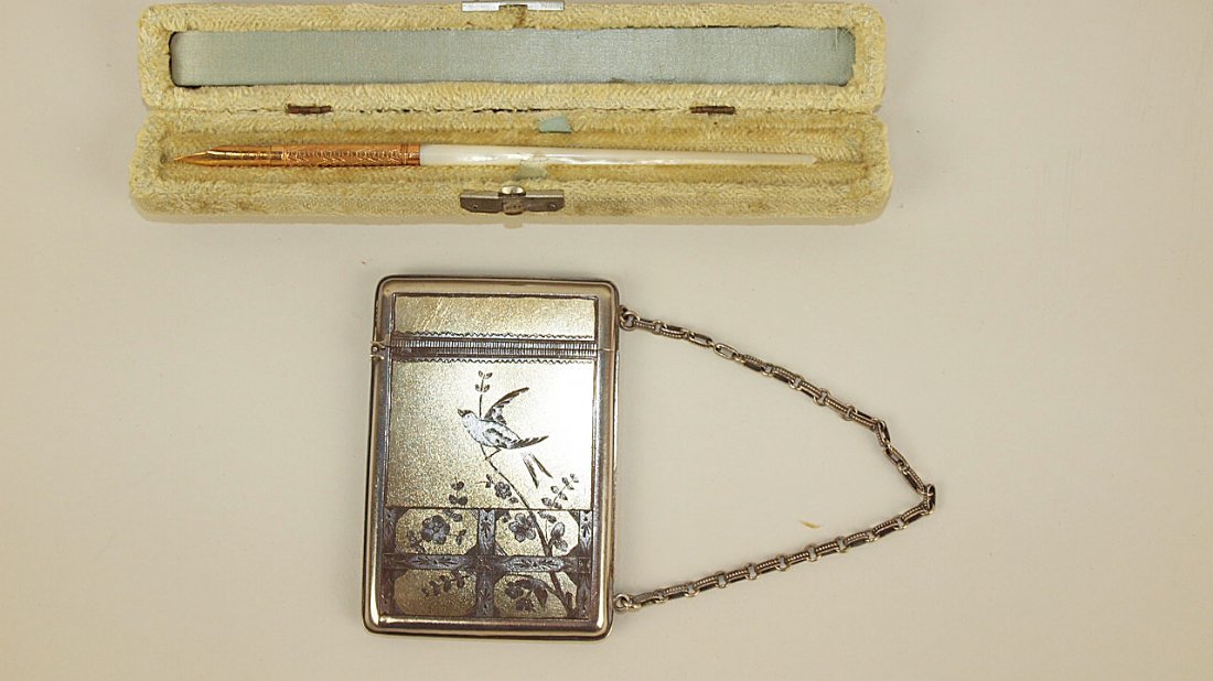 Wood & Hughes sterling silver Aesthetic Movement: Wood & Hughes sterling silver Aesthetic Movement cigarette case and John Holland No. 4 gold & MOP pen