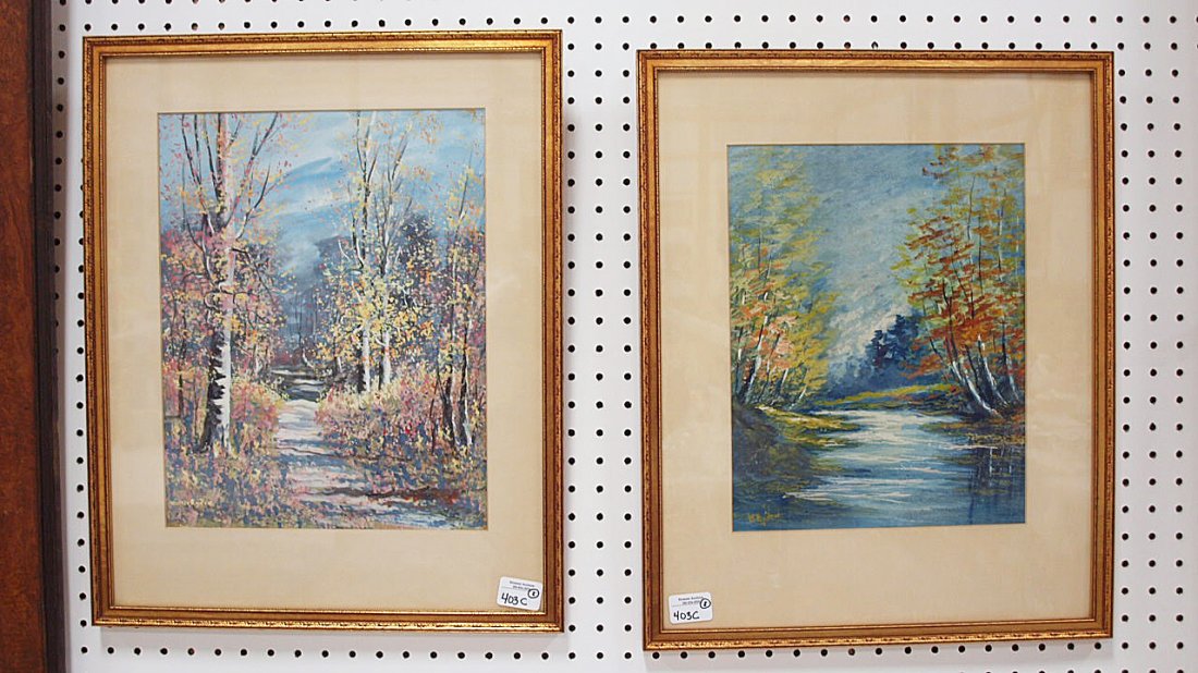 William Eyden, Jr (Indiana 1893-1982) pair of water: William Eyden, Jr (Indiana 1893-1982) pair of water colors of birch tree landscapes, one with a path, the other with a river, 12"x15"