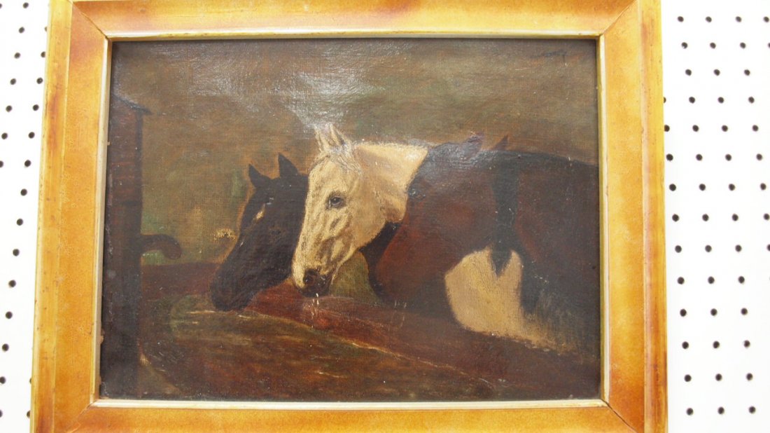 Early oil on canvas of 3 horses drinking from water: Early oil on canvas of 3 horses drinking from water trough, replaced frame, 14 1/2"x10 1/2"