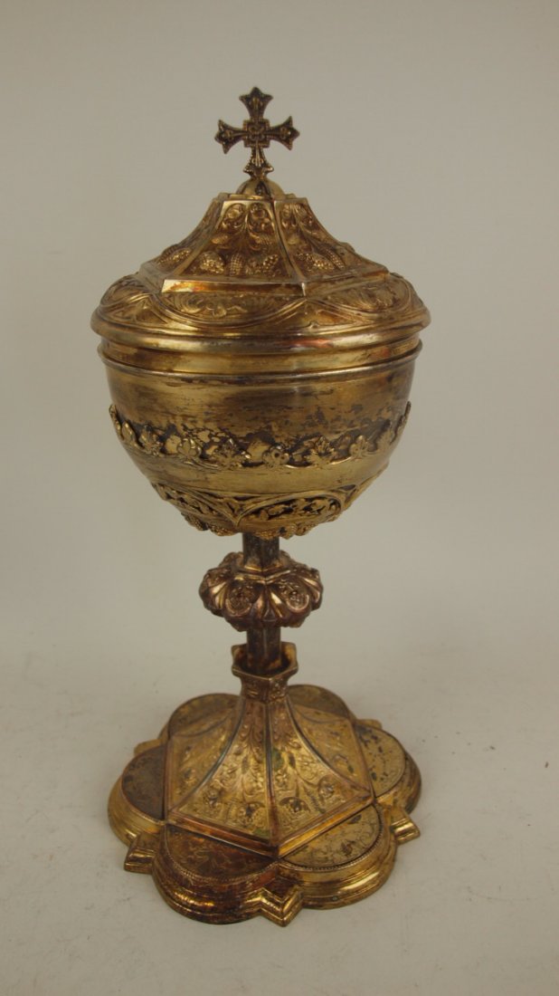 Silver over brass and copper chalice with cover, 13": Silver over brass and copper chalice with cover, 13"