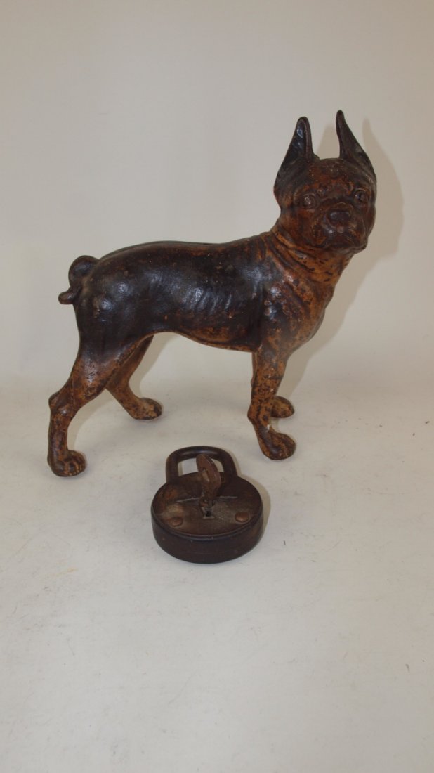 Cast iron bulldog door stop and antique padlock with: Cast iron bulldog door stop and antique padlock with key