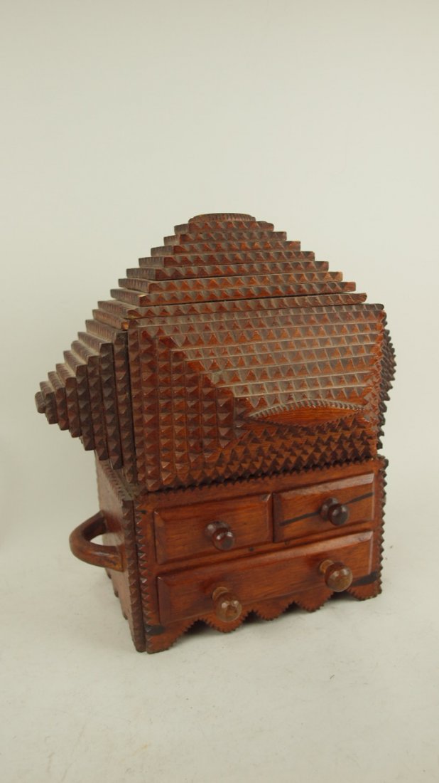 Tramp Art box with 3 drawers and sliding top, 13"h 13"w: Tramp Art box with 3 drawers and sliding top, 13"h 13"w