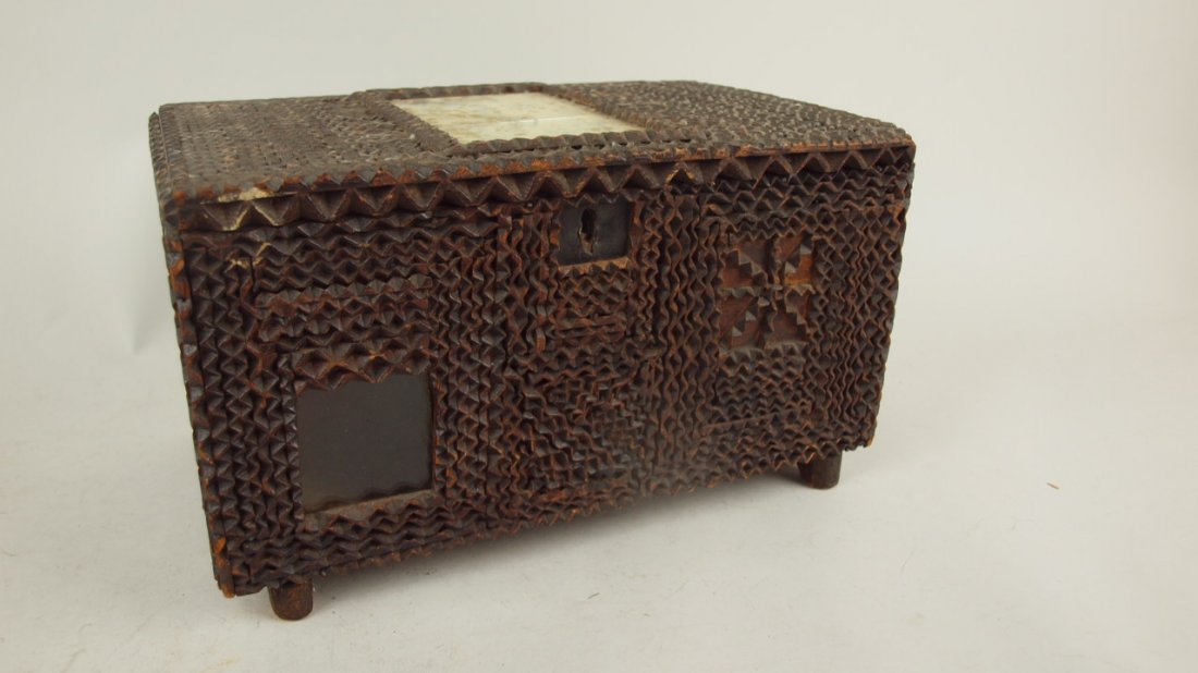 Tramp Art covered box with mirror on lid, minor losses,: Tramp Art covered box with mirror on lid, minor losses, 12"w 7"h