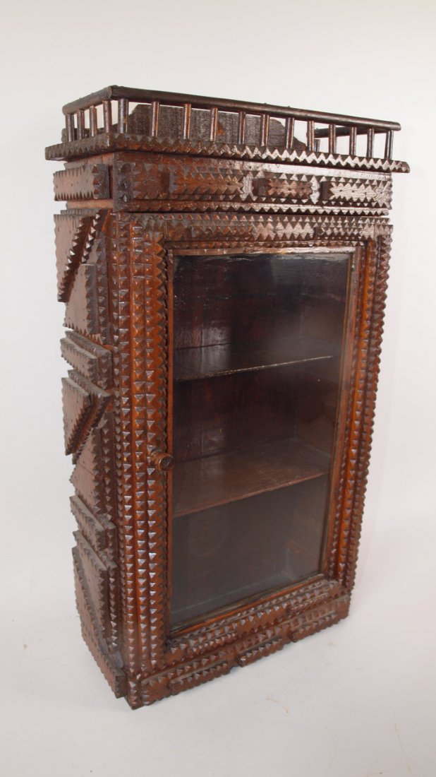 Tramp Art wall cabinet with glass door, 22"h 12"w: Tramp Art wall cabinet with glass door, 22"h 12"w